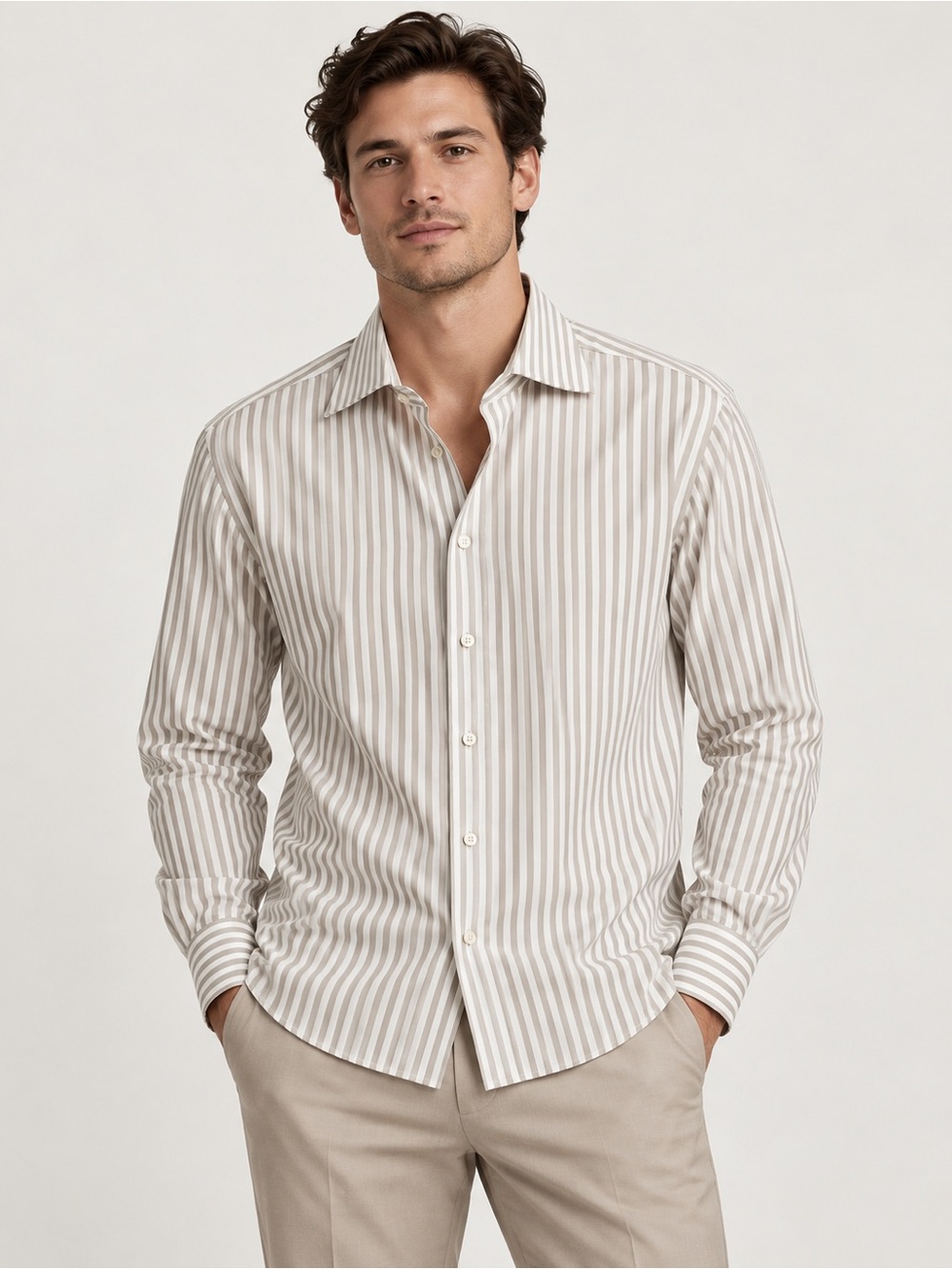 Hugo Boss Beige and White Striped Casual Button‑Down Shirt